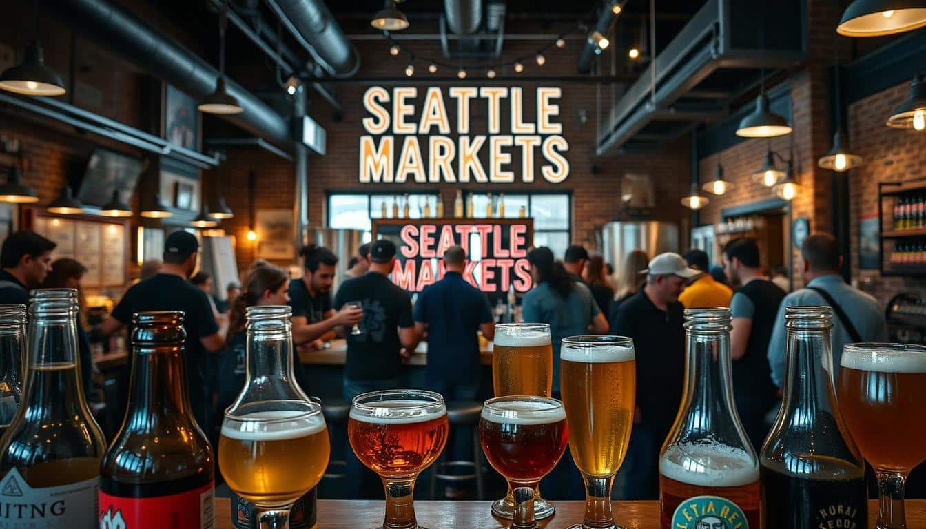 A bustling urban brewery in Seattle, filled with an eclectic array of experimental beers. The foreground showcases several glass bottles and tasting glasses, each containing a unique and innovative brew. The middle ground features the Seattle Markets logo prominently displayed on the bar, surrounded by patrons sampling the diverse offerings. In the background, a warm, industrial-chic ambiance sets the scene, with exposed brick walls, warm lighting, and a cozy, welcoming atmosphere. The image conveys a sense of creativity, exploration, and the vibrant craft beer culture that thrives in the Pacific Northwest.