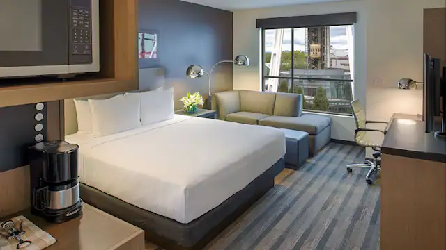 Modern king suite at Hyatt House Seattle with Space Needle view