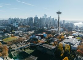 Downtown Seattle skyline and streetscape featuring shops, restaurants, and local businesses