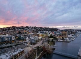 South Lake Union Seattle skyline with lakefront, restaurants, and modern buildings